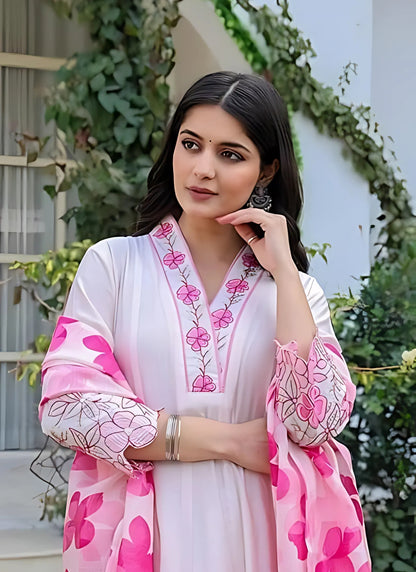 Women’s Cotton Light Pink Embroidery Anarkali Kurta Set with Printed Dupatta