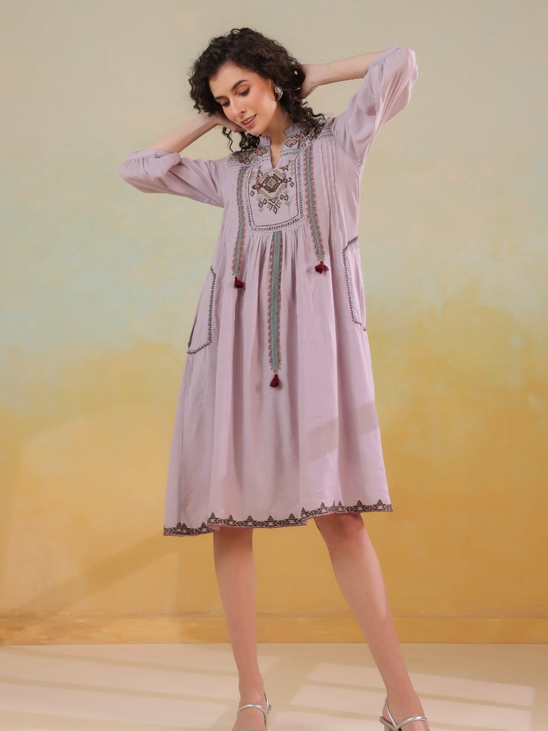🌸 Elegant Pink Hand-Embroidered Midi Dress