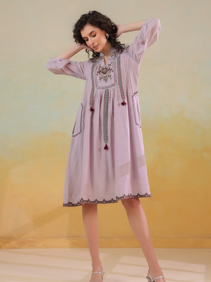 🌸 Elegant Pink Hand-Embroidered Midi Dress