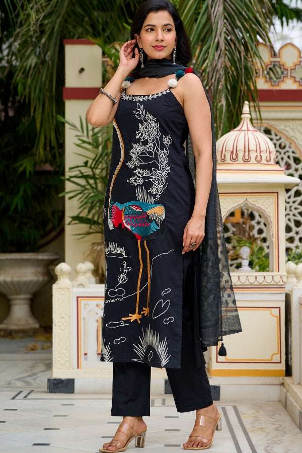 Elegant Black Hand-Embroidered Kurta Set with Artistic Bird Motif