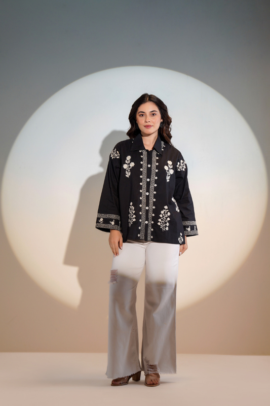 🌸✨ Elegant Midnight Blossom Embroidered Shirt