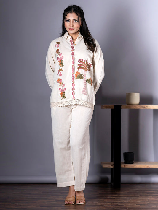 Women's Light Cream Pure Cotton Floral Embroidered Co-ord Set | Spread Collar, Long Sleeves Top with Lace Detailing & Solid Pants