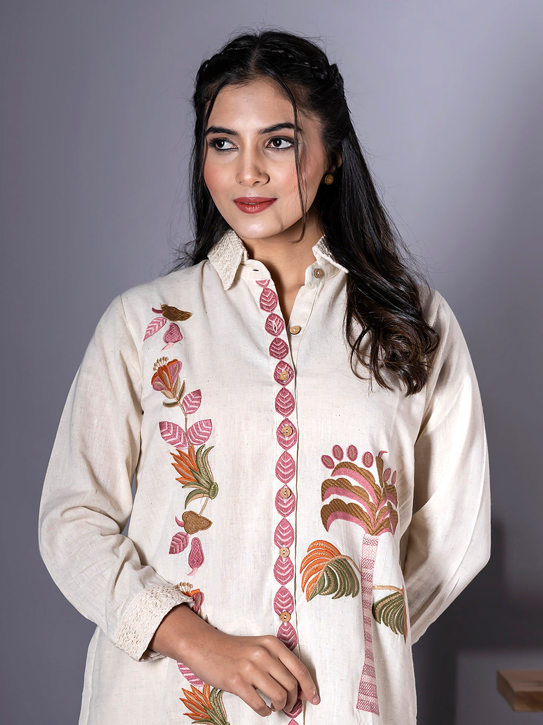Women's Light Cream Pure Cotton Floral Embroidered Co-ord Set | Spread Collar, Long Sleeves Top with Lace Detailing & Solid Pants