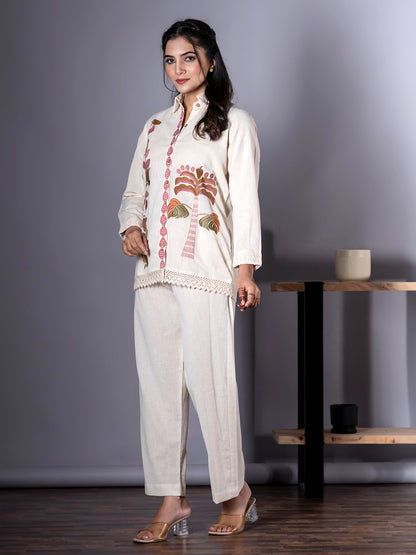 Women's Light Cream Pure Cotton Floral Embroidered Co-ord Set | Spread Collar, Long Sleeves Top with Lace Detailing & Solid Pants