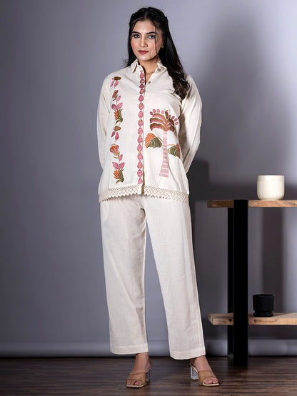Women's Light Cream Pure Cotton Floral Embroidered Co-ord Set | Spread Collar, Long Sleeves Top with Lace Detailing & Solid Pants