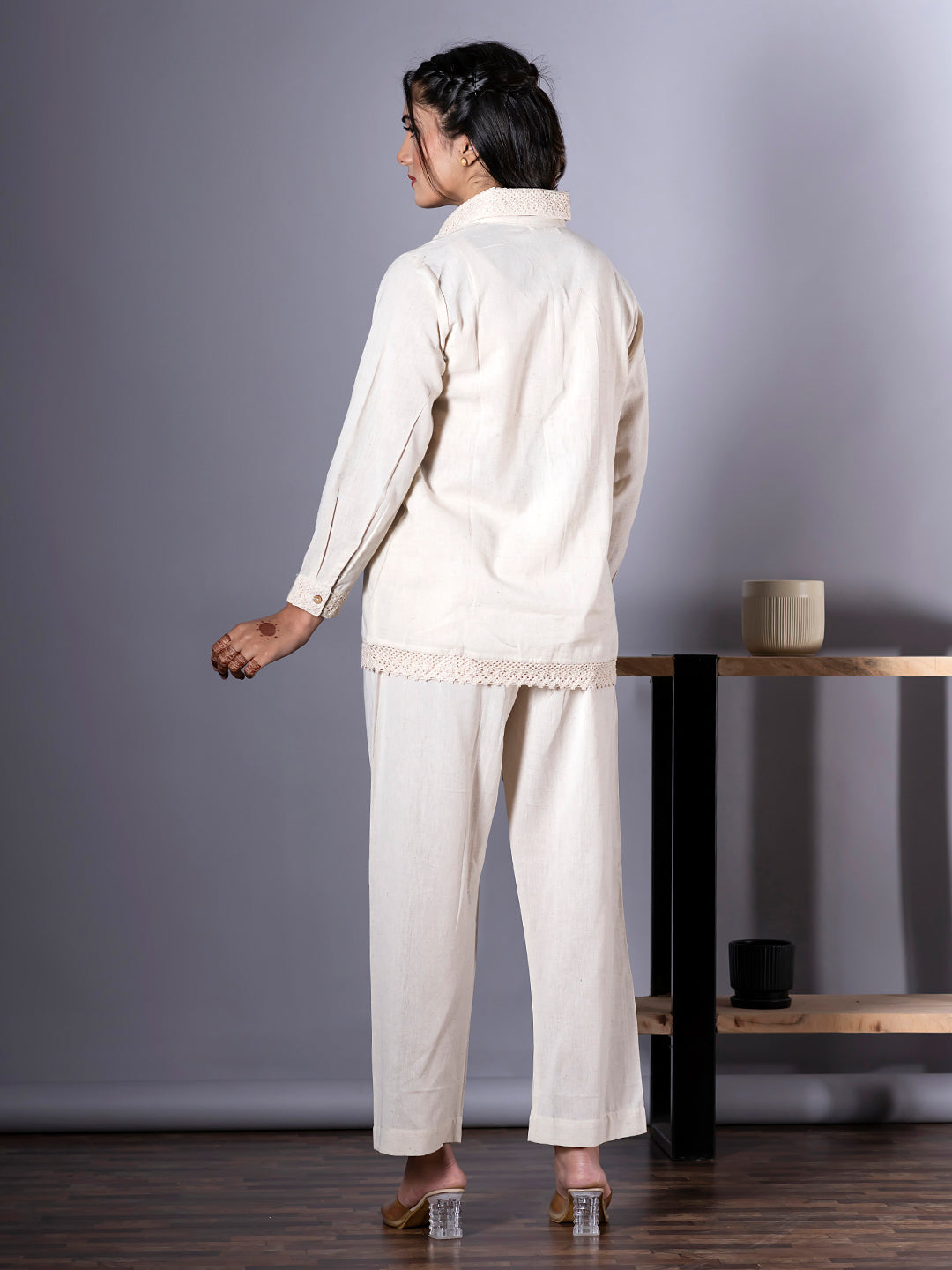Women's Light Cream Pure Cotton Floral Embroidered Co-ord Set | Spread Collar, Long Sleeves Top with Lace Detailing & Solid Pants