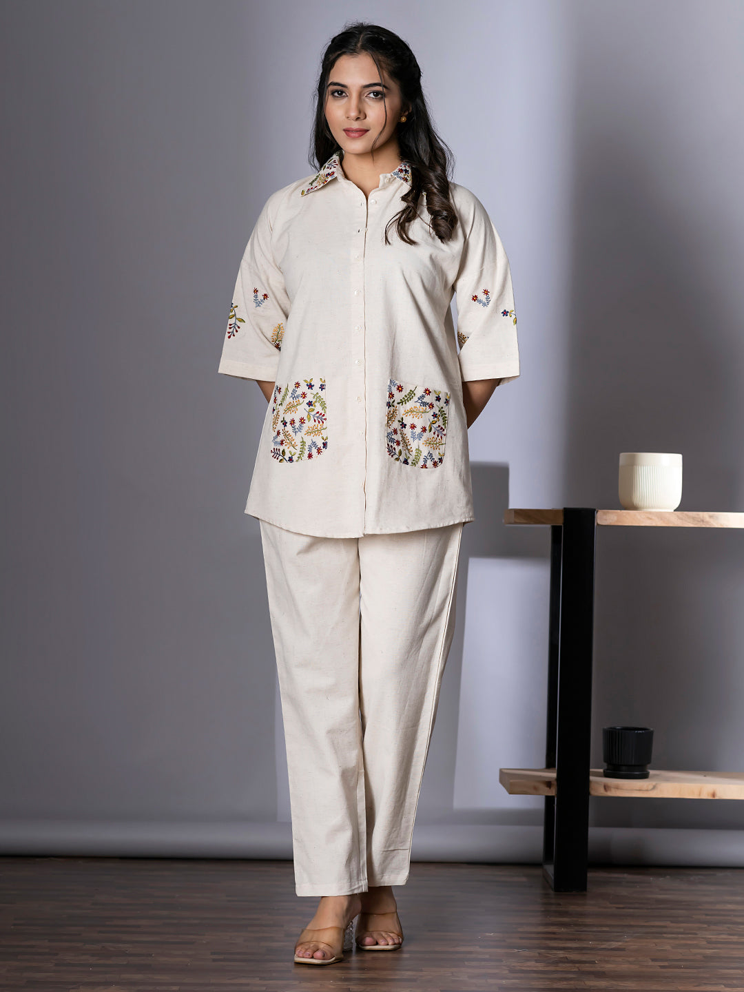 Women's Cream Pure Cotton Floral Embroidered Top and Pant Co-ord Set | Spread Collar Half Sleeves Embroidered Top and Elastic Waistband Closuer Plain Pant