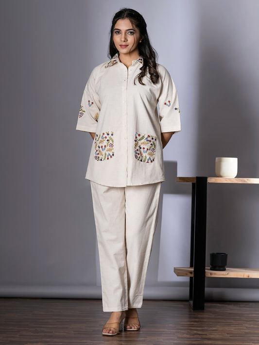 Women's Cream Pure Cotton Floral Embroidered Top and Pant Co-ord Set | Spread Collar Half Sleeves Embroidered Top and Elastic Waistband Closuer Plain Pant