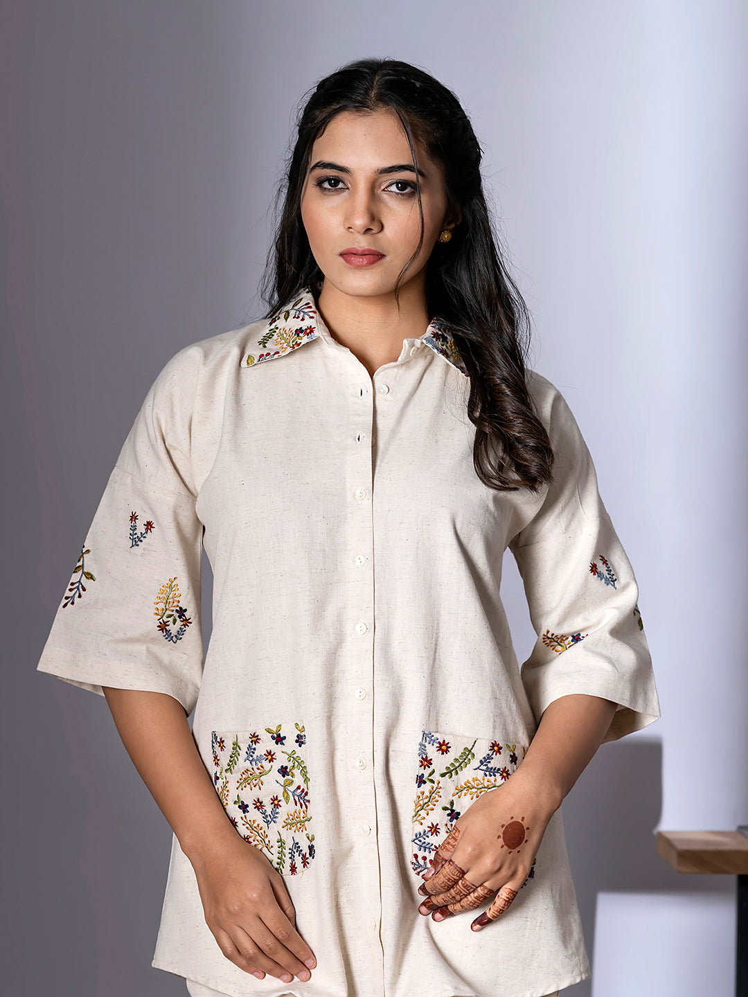 Women's Cream Pure Cotton Floral Embroidered Top and Pant Co-ord Set | Spread Collar Half Sleeves Embroidered Top and Elastic Waistband Closuer Plain Pant