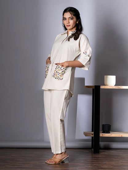 Women's Cream Pure Cotton Floral Embroidered Top and Pant Co-ord Set | Spread Collar Half Sleeves Embroidered Top and Elastic Waistband Closuer Plain Pant