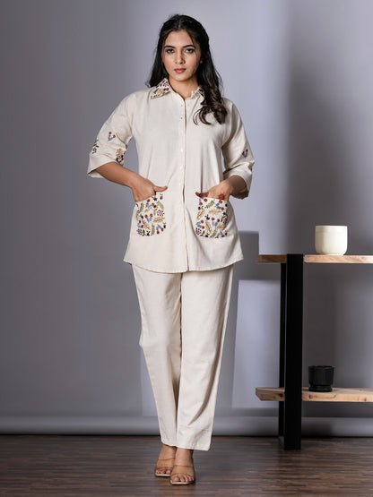 Women's Cream Pure Cotton Floral Embroidered Top and Pant Co-ord Set | Spread Collar Half Sleeves Embroidered Top and Elastic Waistband Closuer Plain Pant