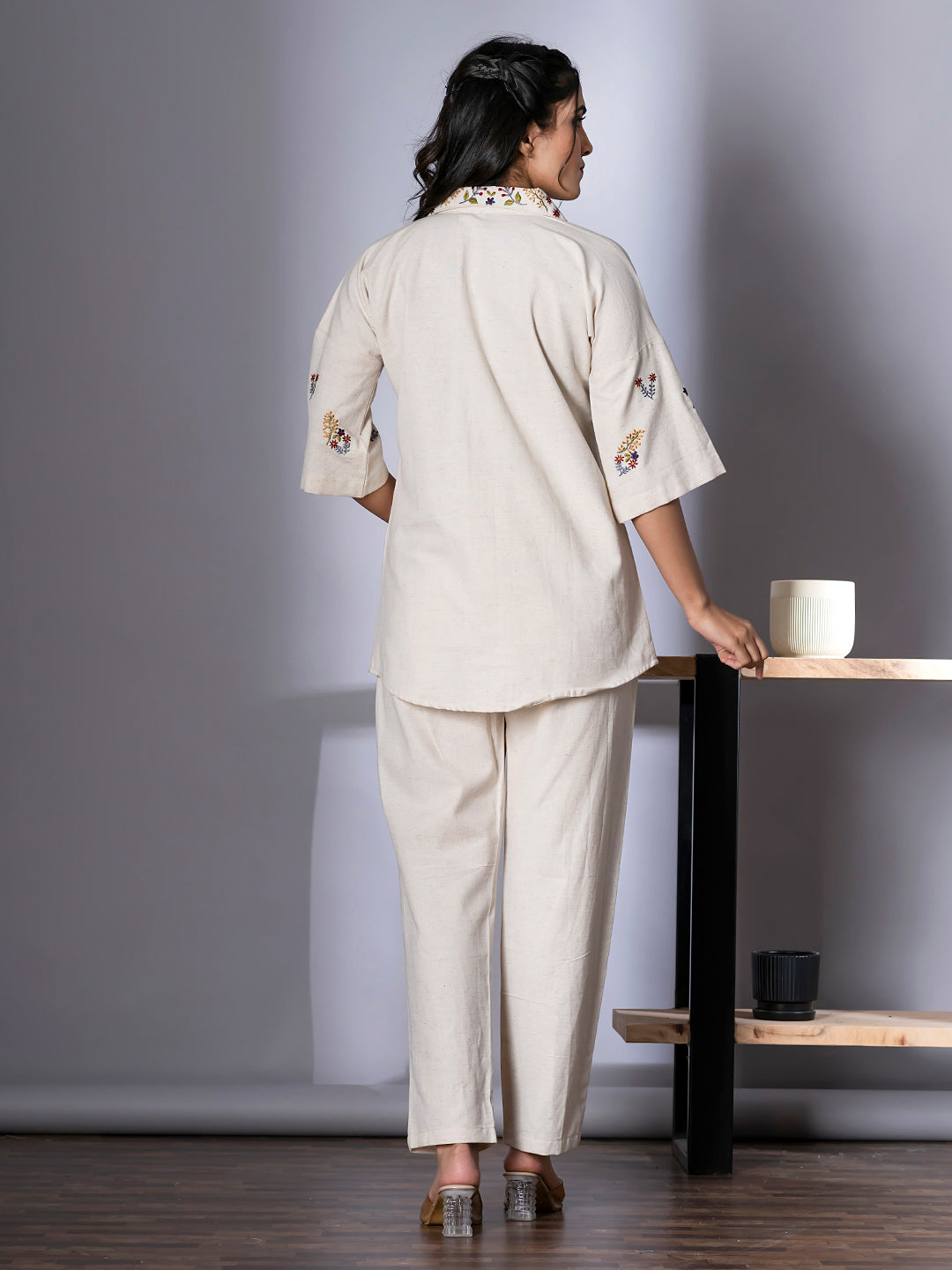 Women's Cream Pure Cotton Floral Embroidered Top and Pant Co-ord Set | Spread Collar Half Sleeves Embroidered Top and Elastic Waistband Closuer Plain Pant