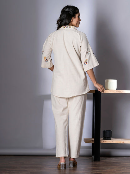 Women's Cream Pure Cotton Floral Embroidered Top and Pant Co-ord Set | Spread Collar Half Sleeves Embroidered Top and Elastic Waistband Closuer Plain Pant