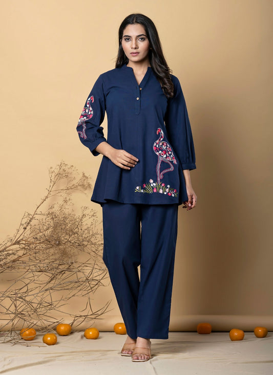 Women's Royal Blue Floral Animal Embroidered Top and Pant Co-ord Set