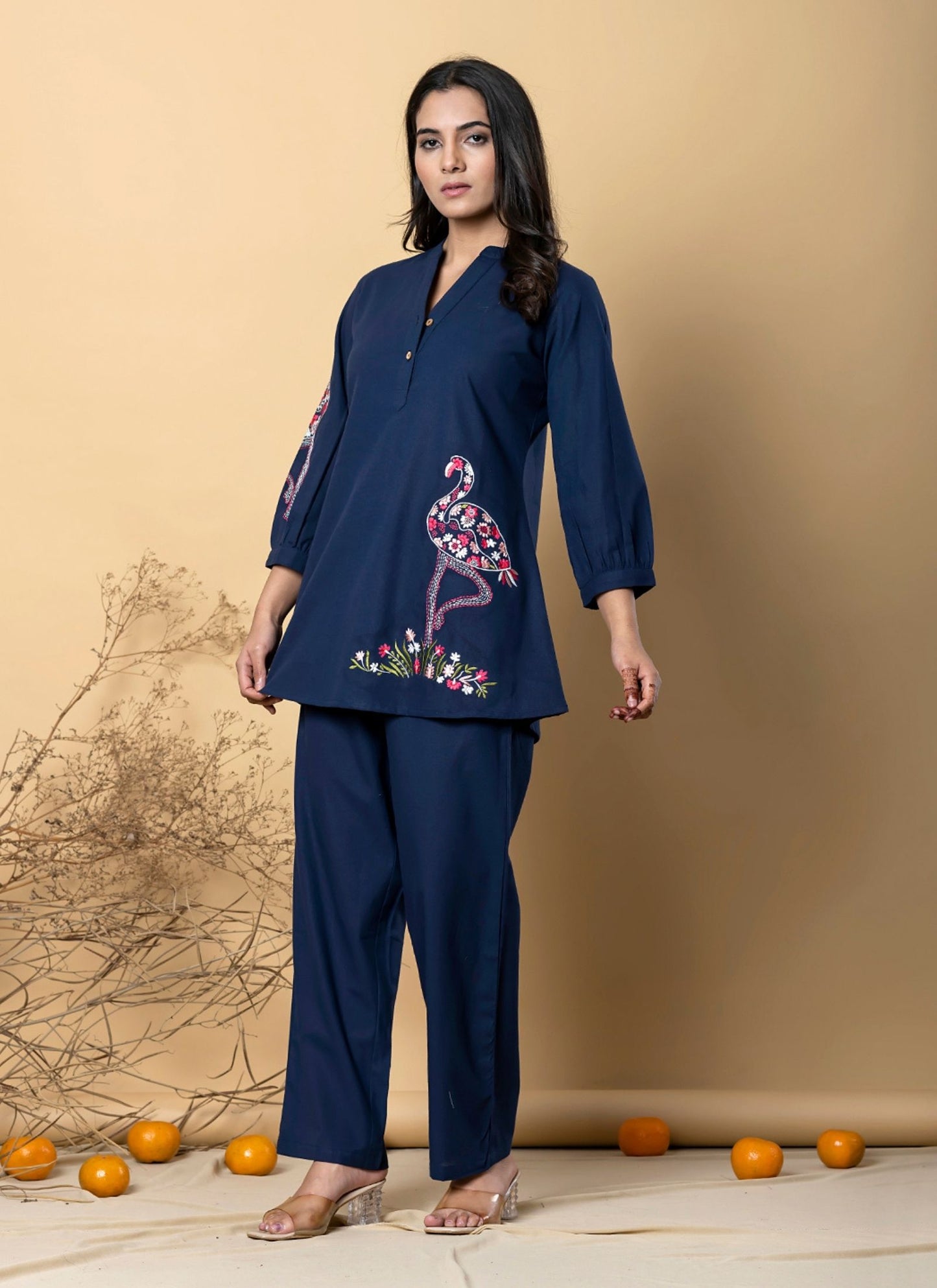 Women's Royal Blue Floral Animal Embroidered Top and Pant Co-ord Set