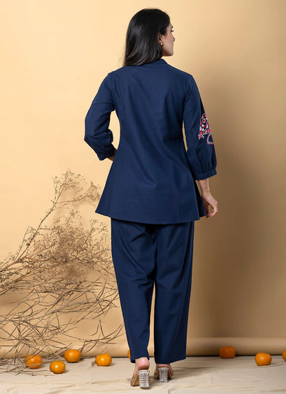 Women's Royal Blue Floral Animal Embroidered Top and Pant Co-ord Set