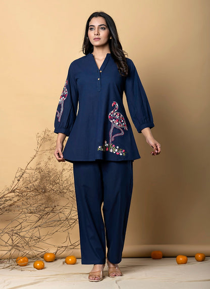 Women's Royal Blue Floral Animal Embroidered Top and Pant Co-ord Set