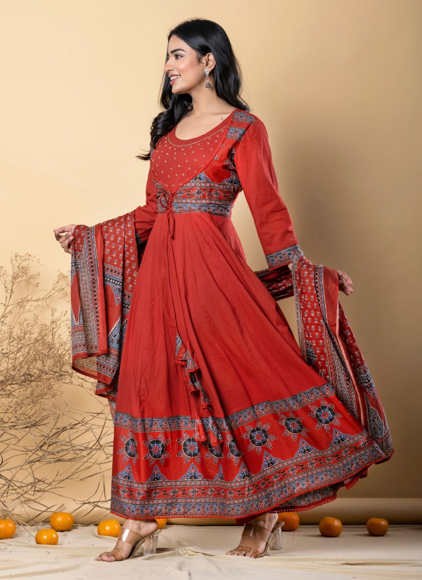 Women's Red Pure Cotton Printed Angrakha Salwar Suit Set