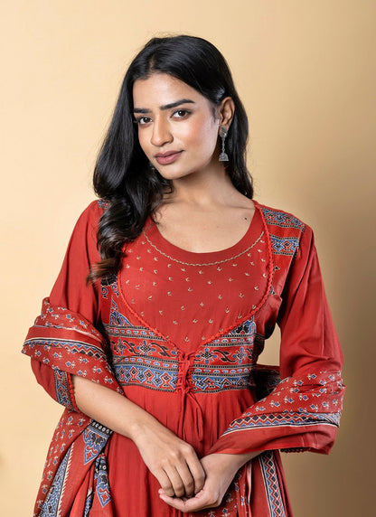 Women's Red Pure Cotton Printed Angrakha Salwar Suit Set