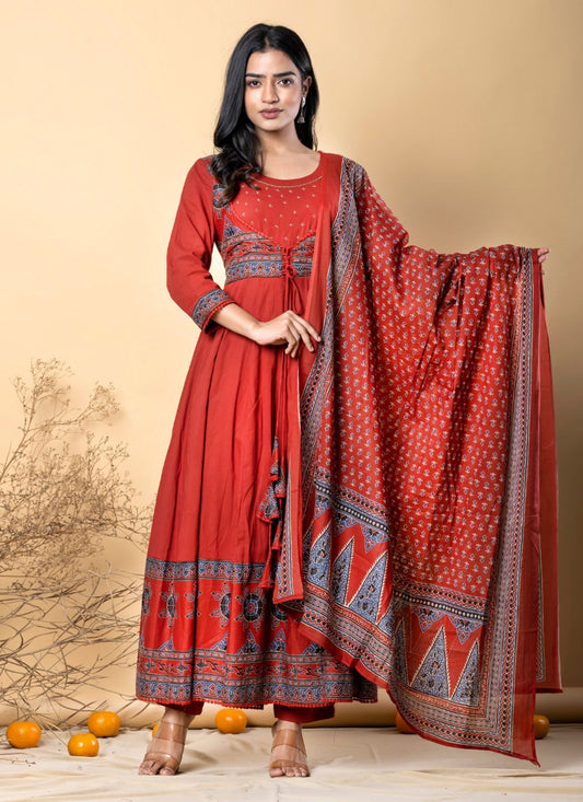 Women's Red Pure Cotton Printed Angrakha Salwar Suit Set