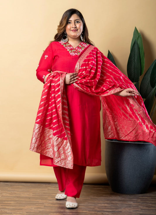 Women's Ligth Red Pure Cotton Embroidered Salwar Suit Set