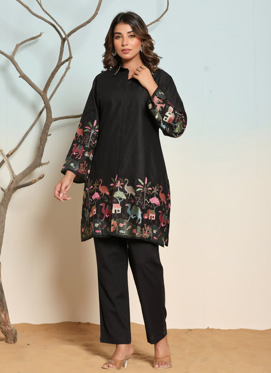 Women’s Cotton Black Embroidered Kurti and Pant Set with Spread Collar and Long Sleeves