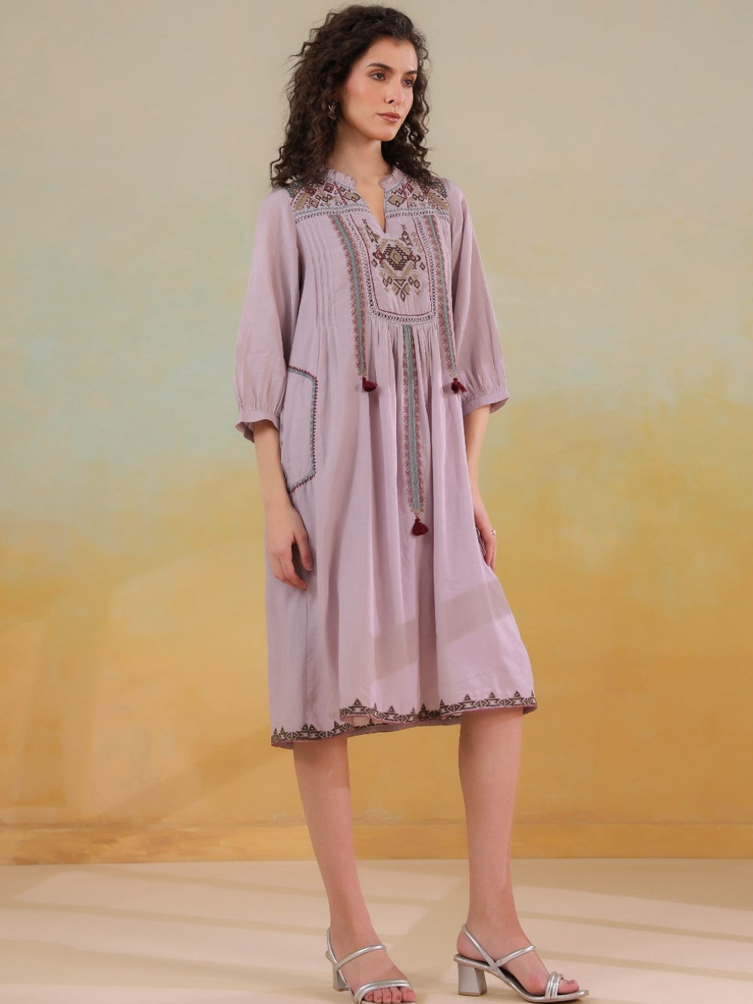 🌸 Elegant Pink Hand-Embroidered Midi Dress