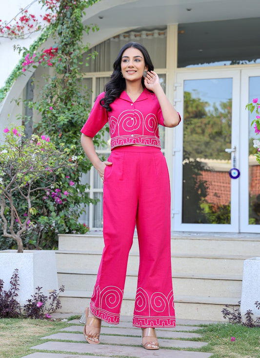 Women’s Pure Cotton Pink Embroidered Co-Ord Set with Button-Down Top & Elastic Waist Pants 🌸✨