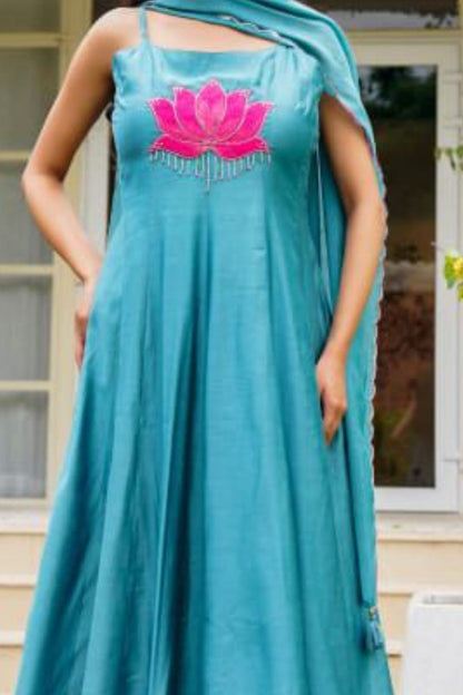 🌸 Teal Blue Lotus Embroidered Anarkali Set