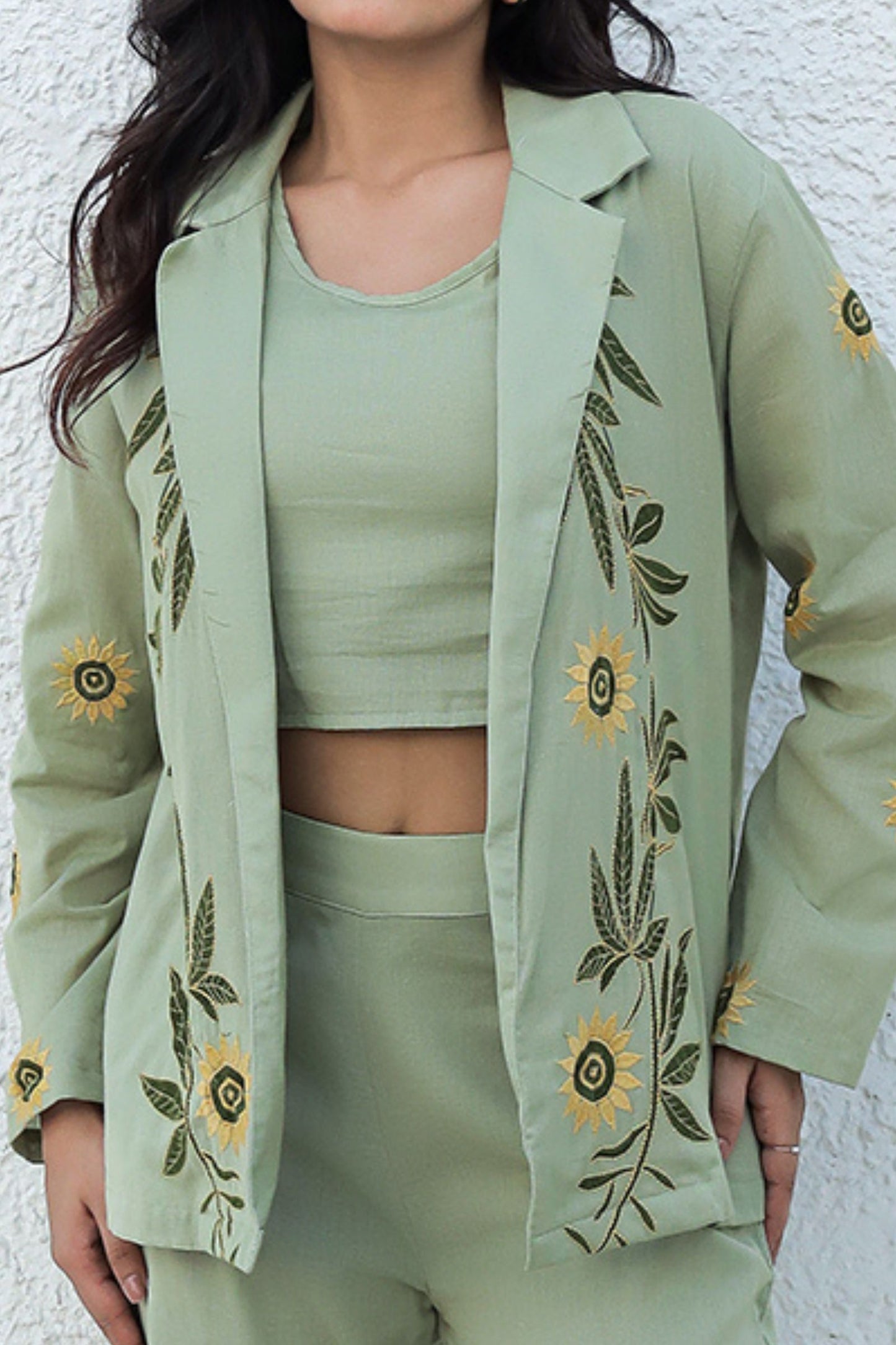 Sunflower Embroidered Green Blazer Set with Crop Top and Trousers