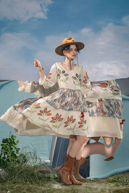 Women's Bohemian Cream Embroidered Flared Dress | V-Neck A-Line Tunic