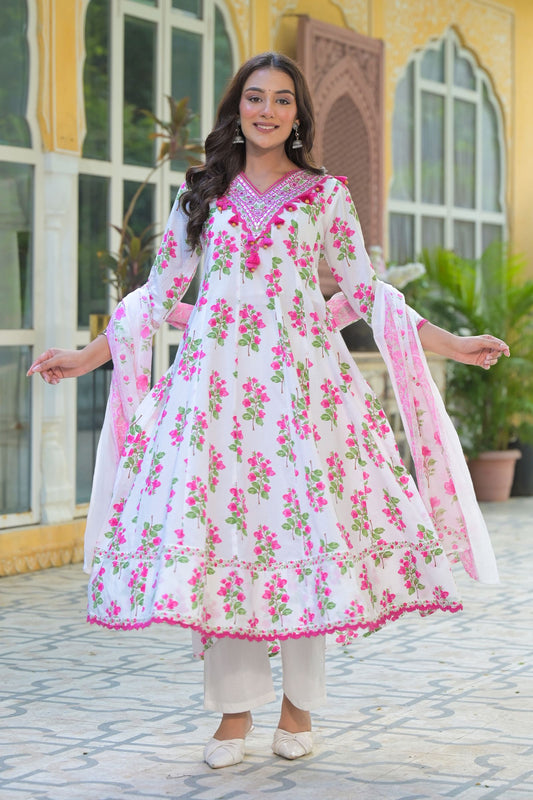 Women’s Ethnic Wear White Floral Pure Cotton Anarkali Kurta Pant Set with Dupatta
