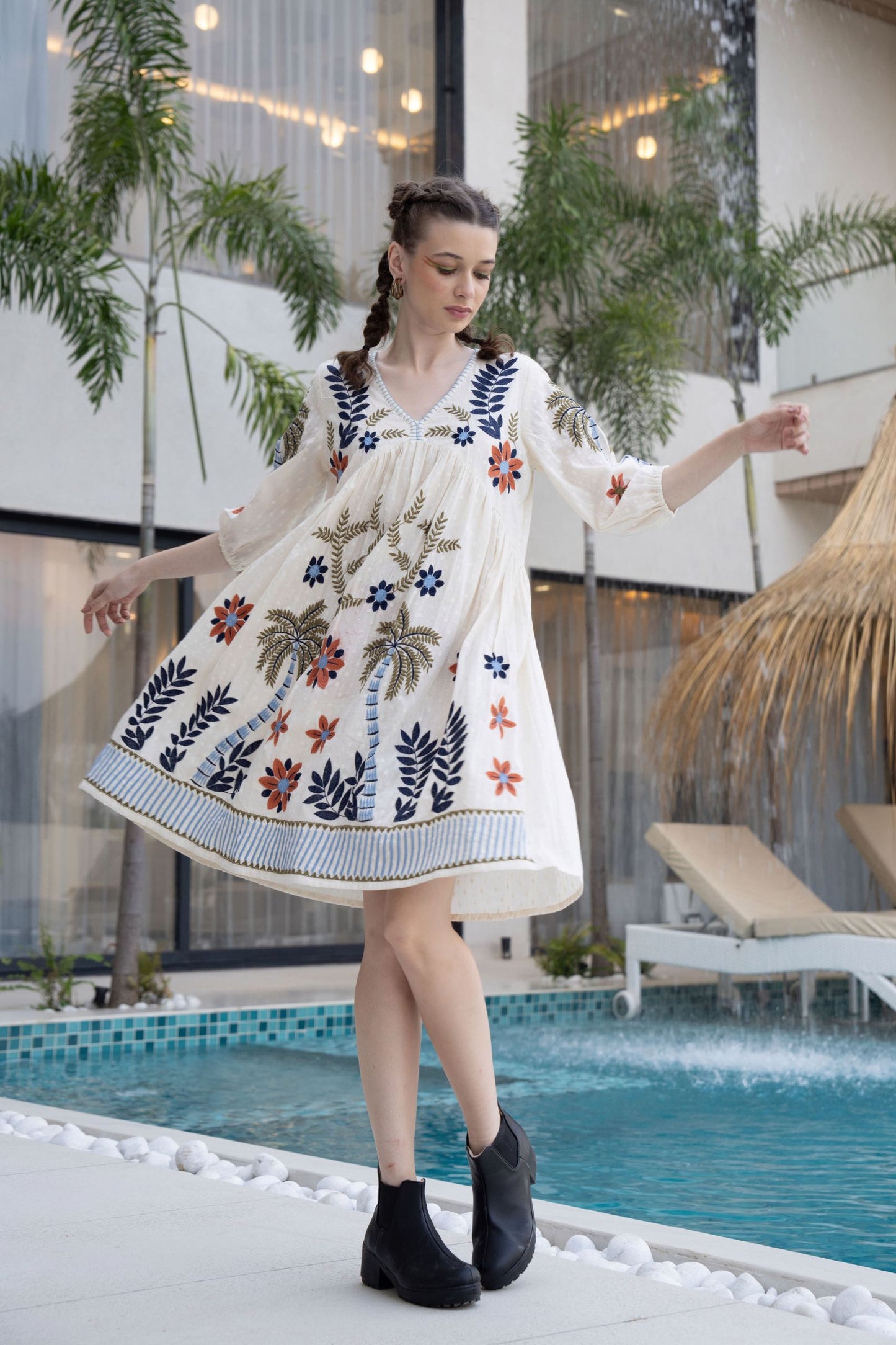 Women's White Boho Embroidered Short Dress | V-Neck Flared Tunic