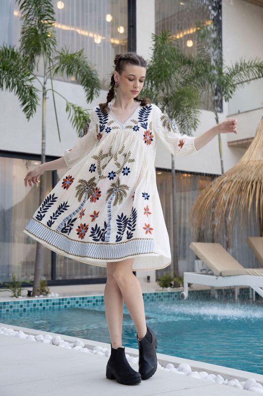 Women's White Boho Embroidered Short Dress | V-Neck Flared Tunic