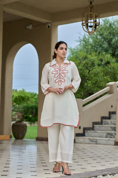 Ivory Grace Embroidered Co-Ord Set – Modern Minimalism with a Statement Twist