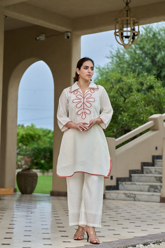 Ivory Grace Embroidered Co-Ord Set – Modern Minimalism with a Statement Twist