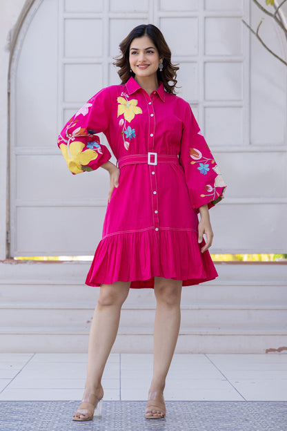Women’s Pink Floral Cotton Western Midi Dress – Casual & Party Wear Outfit