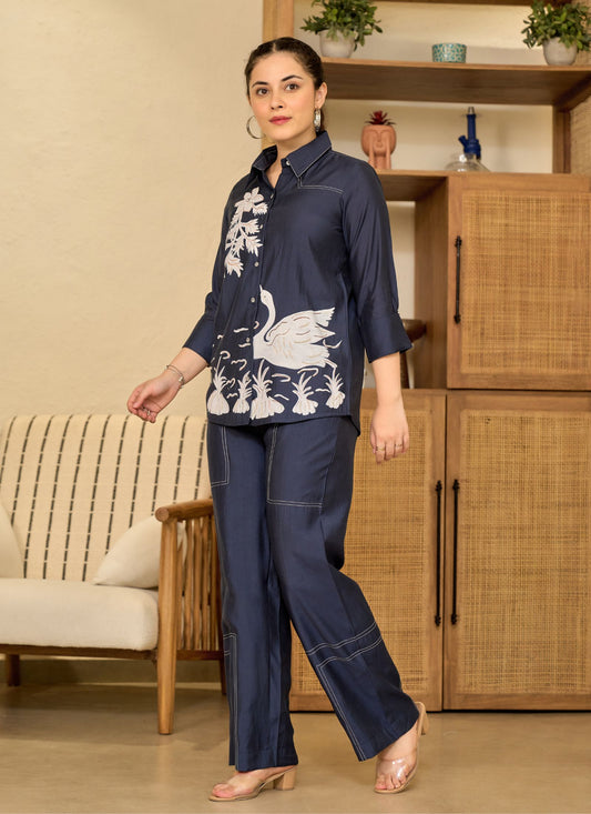 Elegant Floral Embroidered Blue Tunic with Matching Pants