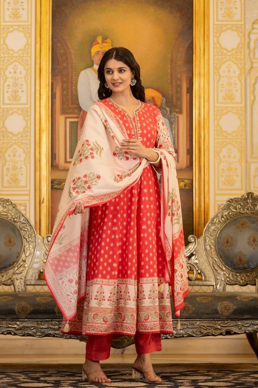 🌸 Pure Cotton Red Anarkali Suit Set with Dupatta – Grace Meets Comfort 🌸
