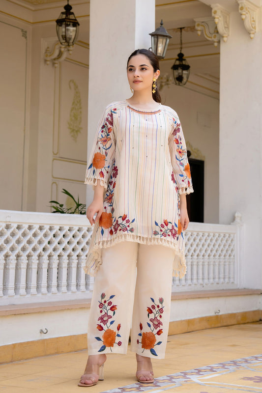 🧵 Elegant Ivory Floral Embroidered 2-Piece Set