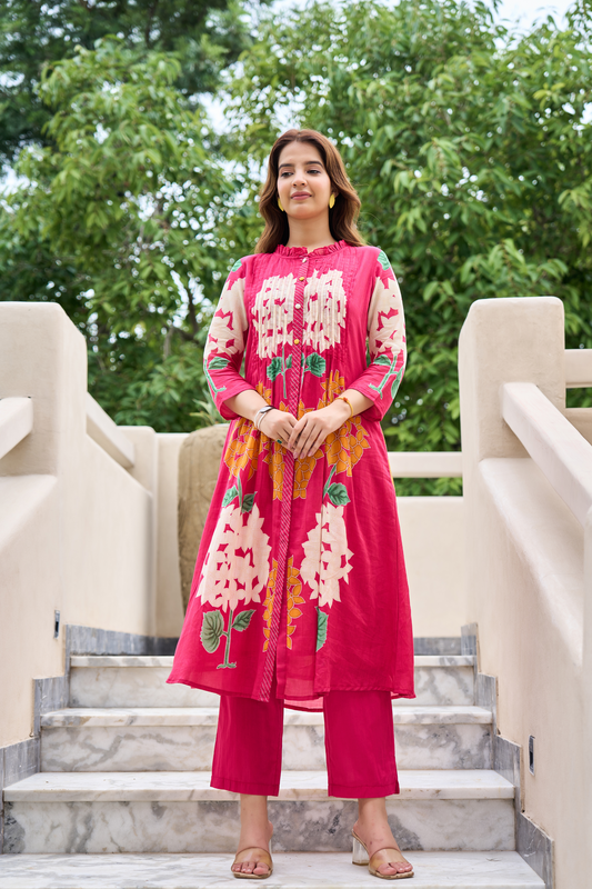 Pink Floral Embroidered Kurta Set with Straight Pants | Elegant Festive Wear