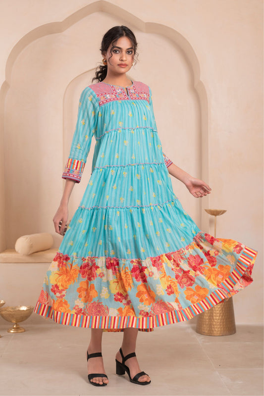 Women’s Cotton Blue Floral Embroidered Fit and Flare Dress – Elegant Casual and Party Wear Outfit