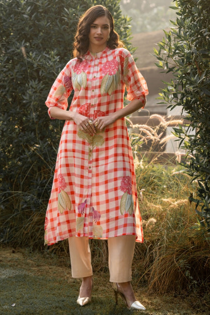 Red Checkered Floral Print A-Line Kurti with Beige Pants Set