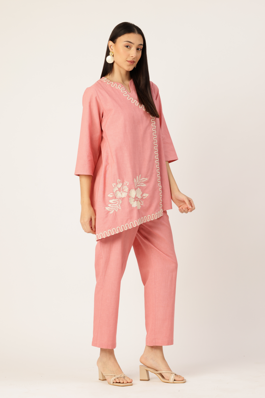 Women's Cotton Pink Embroidered Co-ord Set | Asymmetric Kurta with Straight Pant
