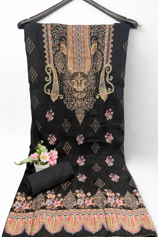 Black Block Print Embroidered Unstitched Suit Material