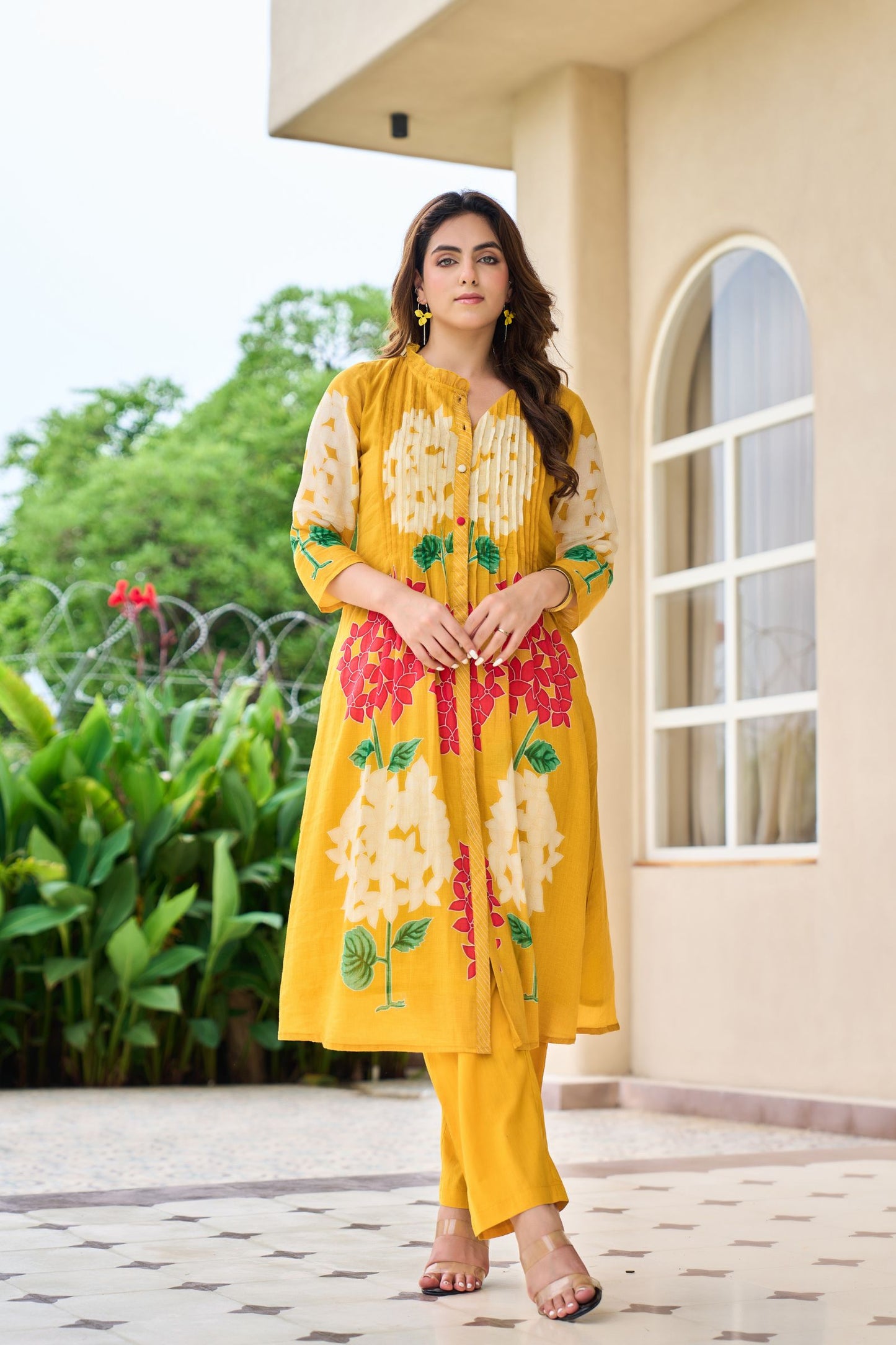 Mustard Yellow Floral Embroidered Kurta Set with Straight Pants | Festive & Casual Wear