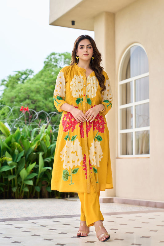 Mustard Yellow Floral Embroidered Kurta Set with Straight Pants | Festive & Casual Wear