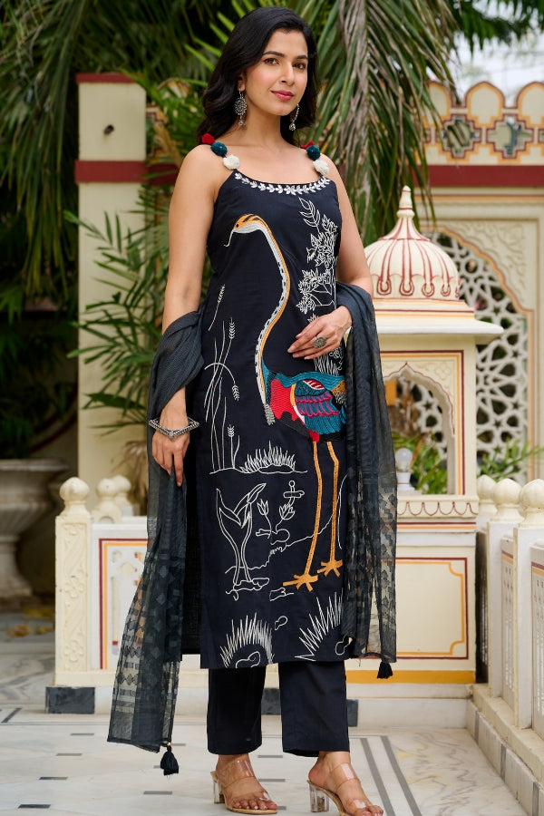 Elegant Black Hand-Embroidered Kurta Set with Artistic Bird Motif