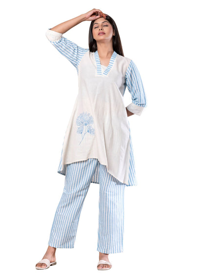 Women's Blue & Off-White Striped Print with Floral Embroidered Co-ord Set