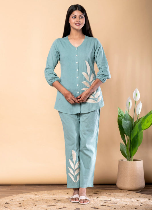 Women's Turquoise Blue Pure Cotton Floral Thread Embroidered Top and Pant Co-ord Set